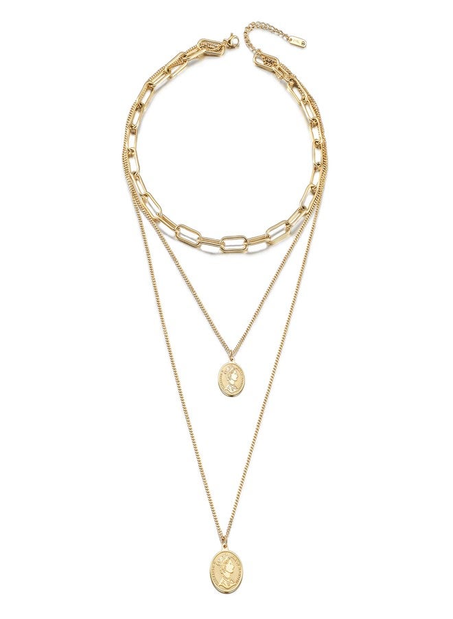 Jinbaoying Gold Coin Necklace for Women Vintage Carved Coin Pendant Necklace 14K Gold Plated Chain Choker Queen Elizabeth Round Pendant Gold Layered Necklace for Women (Gold Layered Necklaces) - Image 1