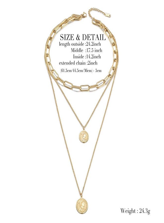 Jinbaoying Gold Coin Necklace for Women Vintage Carved Coin Pendant Necklace 14K Gold Plated Chain Choker Queen Elizabeth Round Pendant Gold Layered Necklace for Women (Gold Layered Necklaces) - Image 4