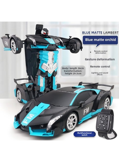 One-key Deformation Remote Control Car 2.4G Gesture Induction King Kong Robot Children's Toy Racing Generation Batch Cross-border-Color:Matte Blue Rambo [Remote Control + Gesture + Watch + Voice] 1:12