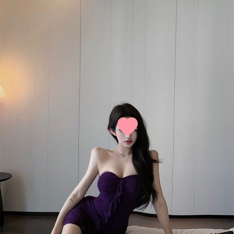 Pure Lust Style Purple Beautiful Back Tube Top Dress For Women Summer Pleated Tight Skirt Showing Figure Waist And Hip Short Skirt - Image 3