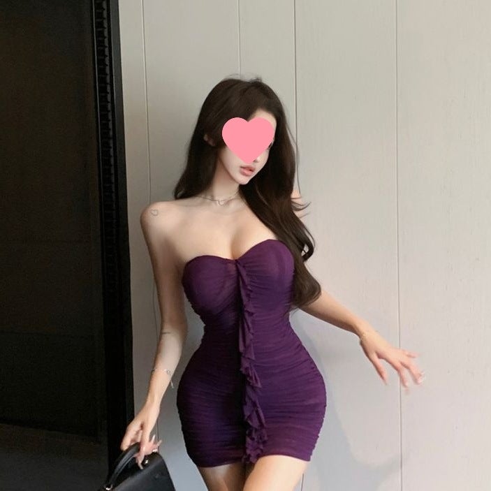 Pure Lust Style Purple Beautiful Back Tube Top Dress For Women Summer Pleated Tight Skirt Showing Figure Waist And Hip Short Skirt - Image 2