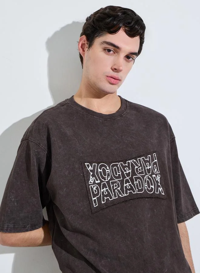 Styli Brown Acid Wash Graphic Print Oversized T-Shirt