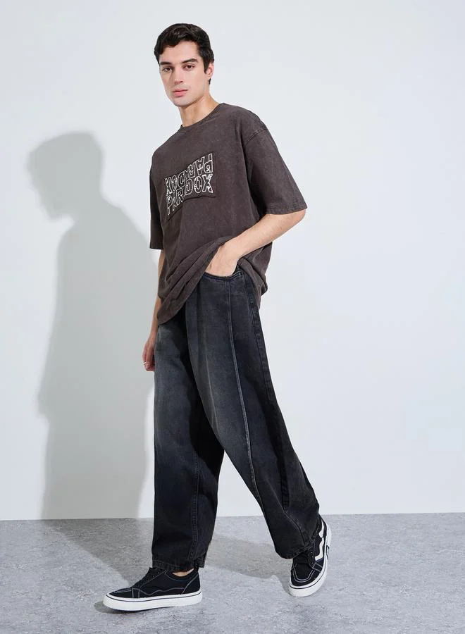 Styli Brown Acid Wash Graphic Print Oversized T-Shirt