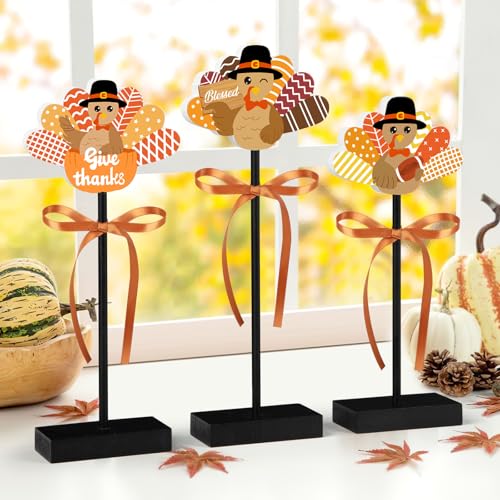 Sereliy 3 Pcs Thanksgiving Tiered Tray Decor Wooden Turkey Thanksgiving Table Decorations Indoor Fall Sign for Home and Party Decor Turkey Ripe - Image 1