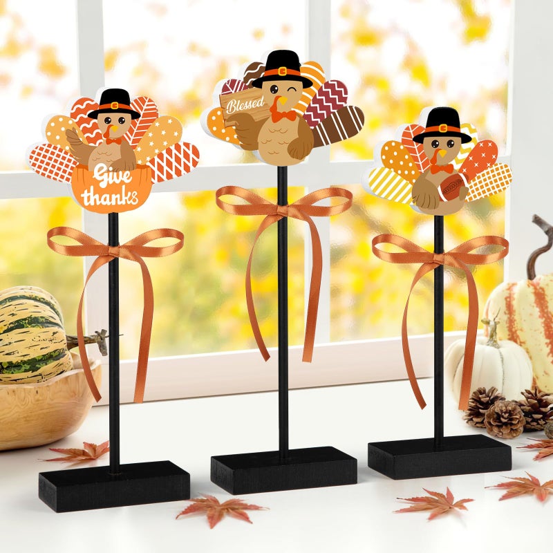 Sereliy 3 Pcs Thanksgiving Tiered Tray Decor Wooden Turkey Thanksgiving Table Decorations Indoor Fall Sign for Home and Party Decor Turkey Ripe - Image 2