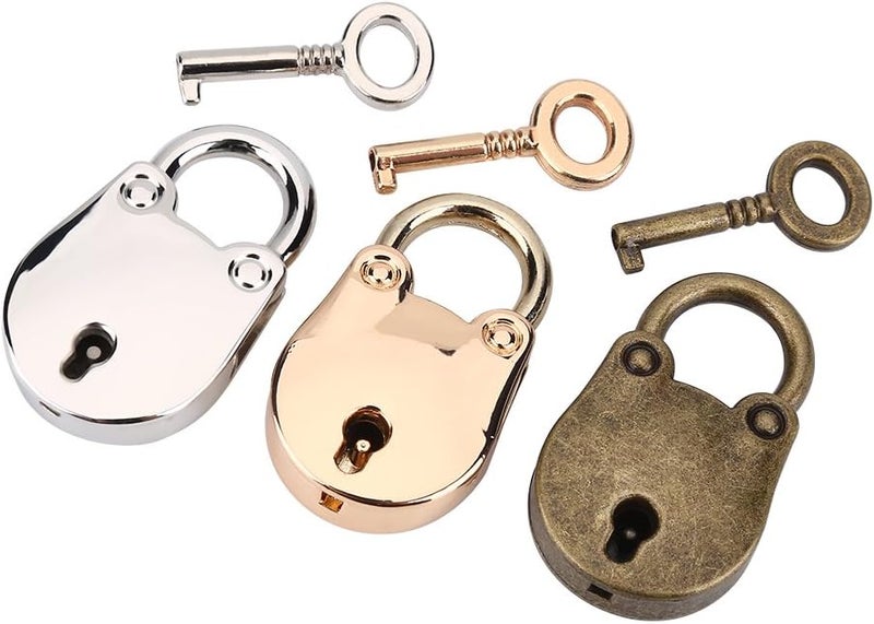 klarako Mini Solid Padlock, 3Pcs Antique Padlock Skeleton Key Notebook Metal Lock Silver Gold Bronze - Image 1