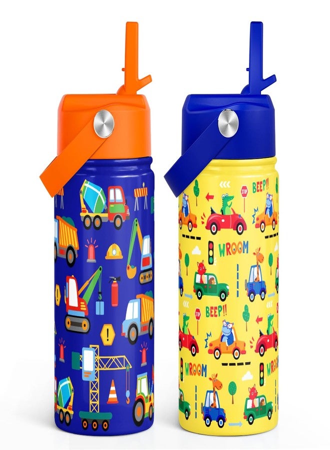 SANDJEST Kid Water Bottle 12oz with Straw Lid - 2-Pack Insulated Stainless Steel Water Bottles for Kids Boys Girls - Travel Cup for School Sports, Construction & Transportation - Image 2