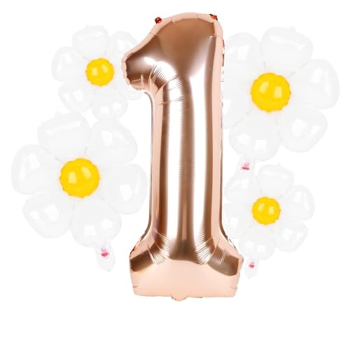 Dripykiaa 5pc Groovy One Party Decorations 40 Rose Gold Daisy 1st Birthday Foil Helium Balloons for Girls - Image 1