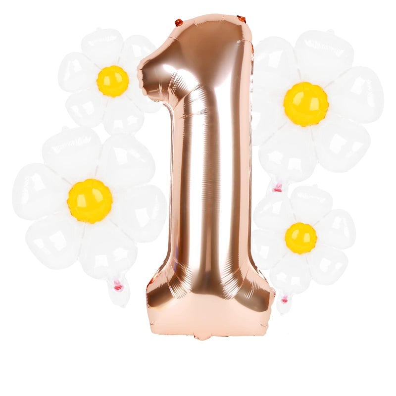 Dripykiaa 5pc Groovy One Party Decorations 40 Rose Gold Daisy 1st Birthday Foil Helium Balloons for Girls - Image 2