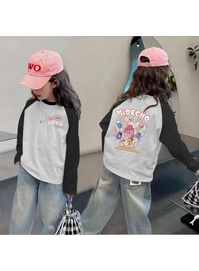 Girls' Pure Cotton Color-block Long-sleeve T-shirt, Spring And Autumn Base Shirt, Raglan Sleeve, Trendy Versatile Top For Young Children