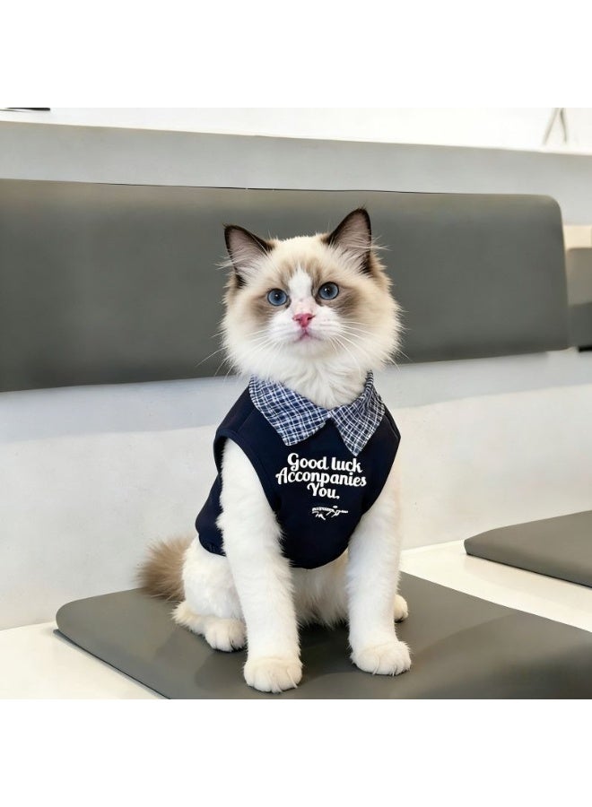A.M Cat Spring/Summer Outfits: Faux Two-Piece Vest Polo Shirt, Ragdoll Cat, Gold/Silver Shaded Blue Cat, Small to Medium-Sized Cat Clothes - Image 1