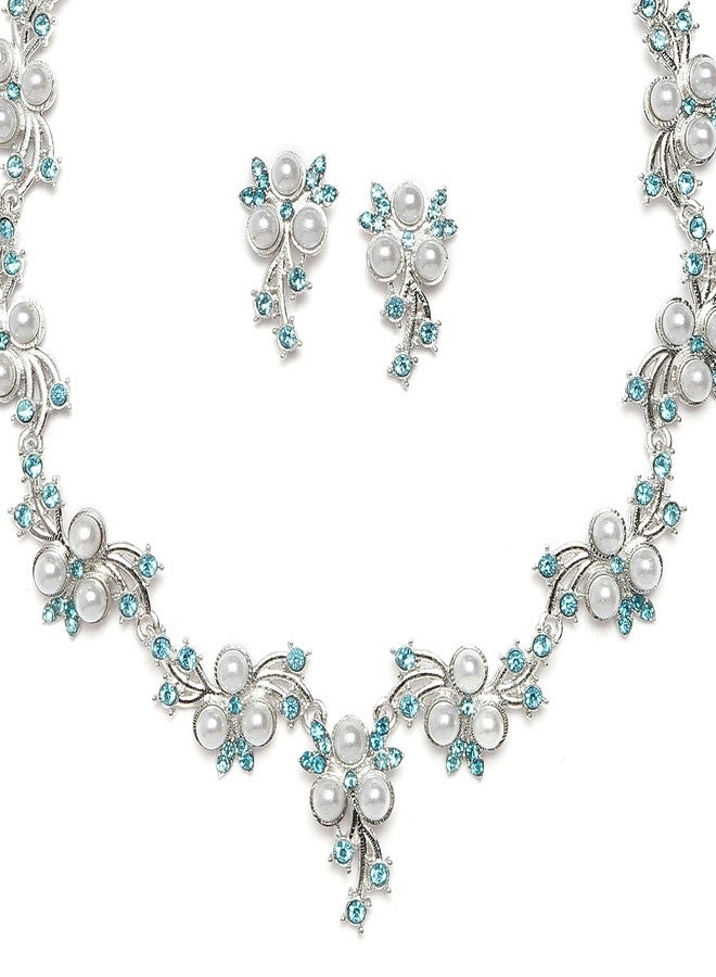 KENNICE Oxidised Silver-Plated Cubic Zirconia & White Pearls Studded Necklace With Earrings Jewellery Set For Girls and Women - Image 3