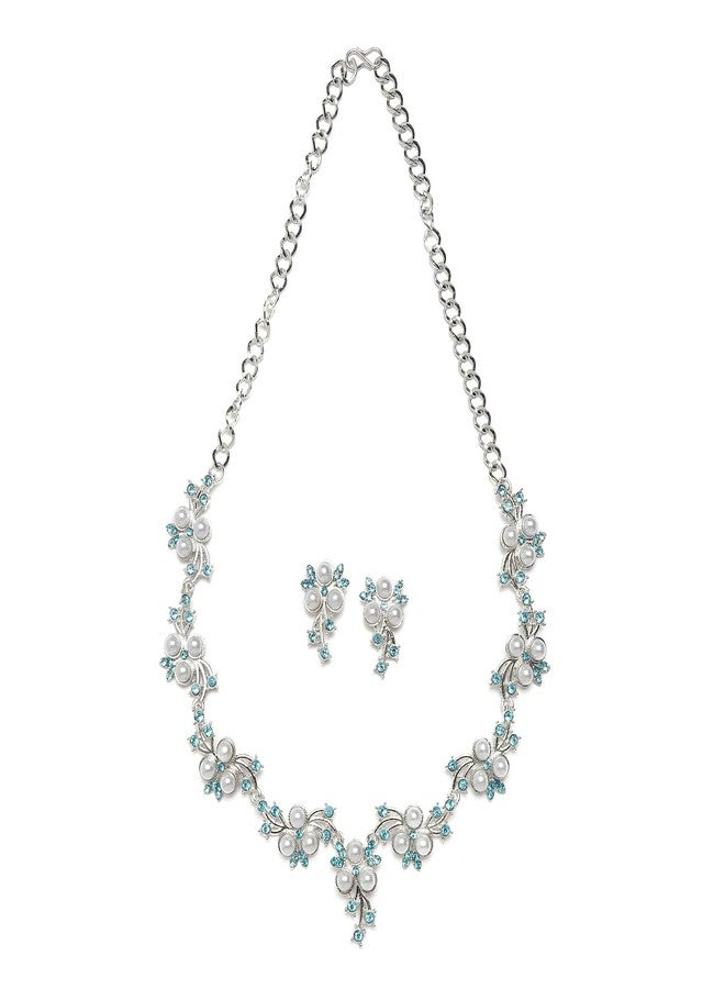 KENNICE Oxidised Silver-Plated Cubic Zirconia & White Pearls Studded Necklace With Earrings Jewellery Set For Girls and Women - Image 2