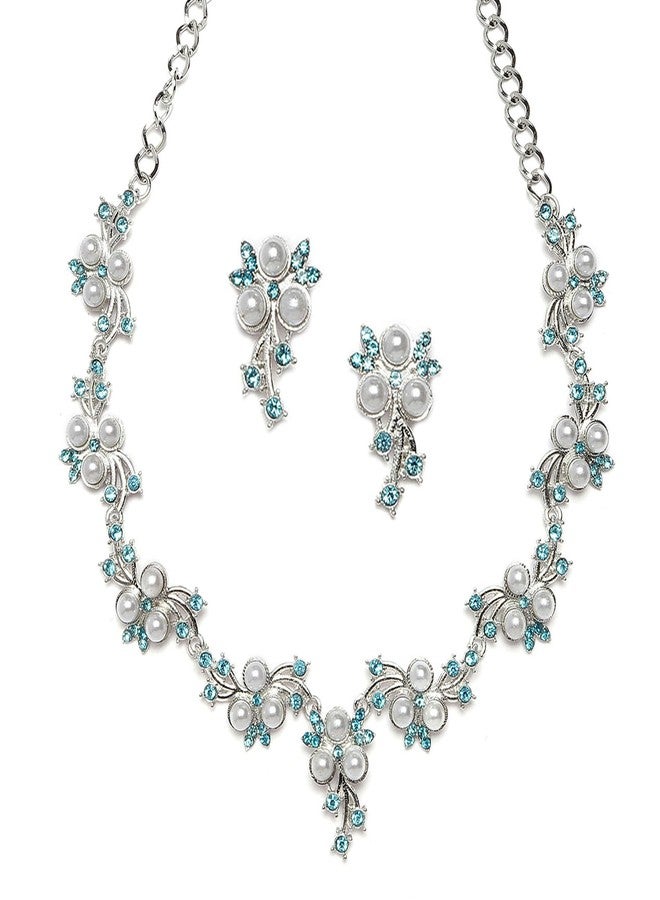 KENNICE Oxidised Silver-Plated Cubic Zirconia & White Pearls Studded Necklace With Earrings Jewellery Set For Girls and Women - Image 1