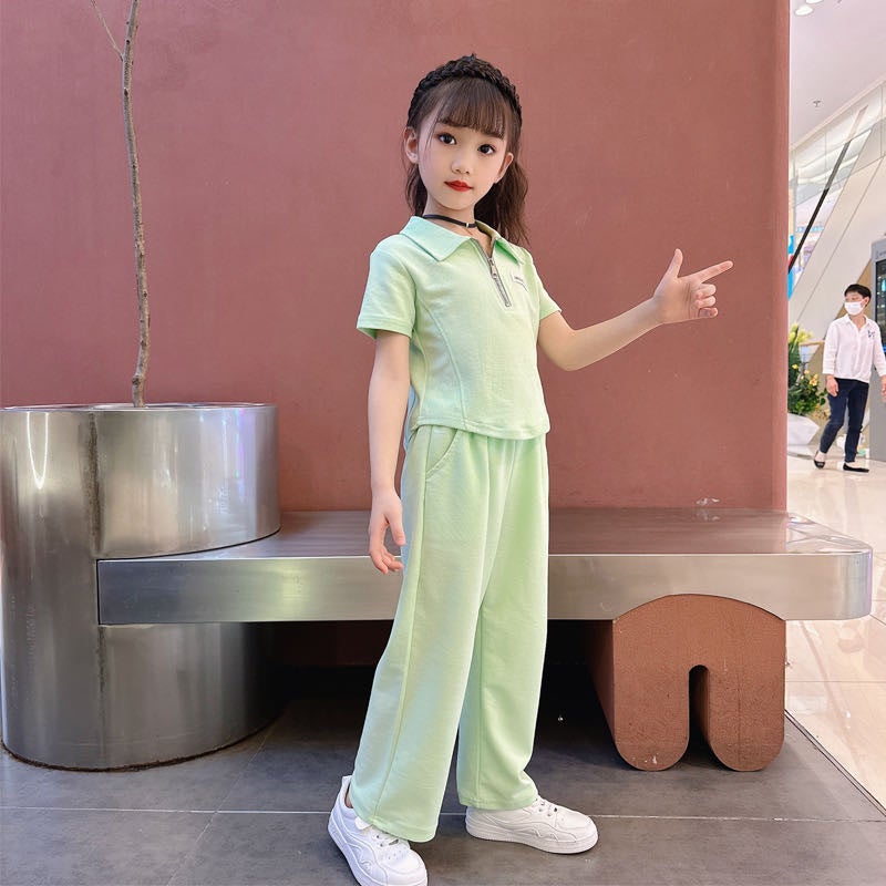 Girls Summer Short Sleeve Collar Top  Wide Leg Pants Set Light green