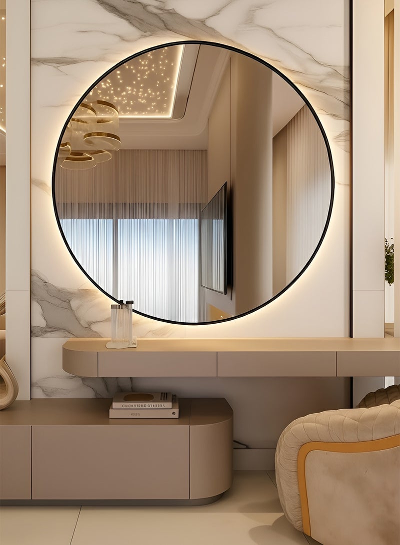 تايمي مرآة حائط 80سم بإضاءة ليد خلفية تعمل باللمس وإطار معدني أسود، مرآة مكياج مثبتة علي الحائط بتصميم عصري، مرآة للحمام وغرفة النوم وغرفة الملابس ومدخل المنزل - Image 1