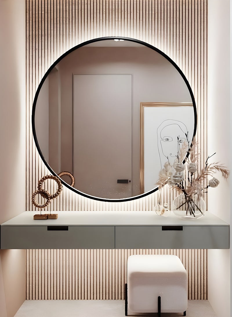 تايمي مرآة حائط 80سم بإضاءة ليد خلفية تعمل باللمس وإطار معدني أسود، مرآة مكياج مثبتة علي الحائط بتصميم عصري، مرآة للحمام وغرفة النوم وغرفة الملابس ومدخل المنزل - Image 2