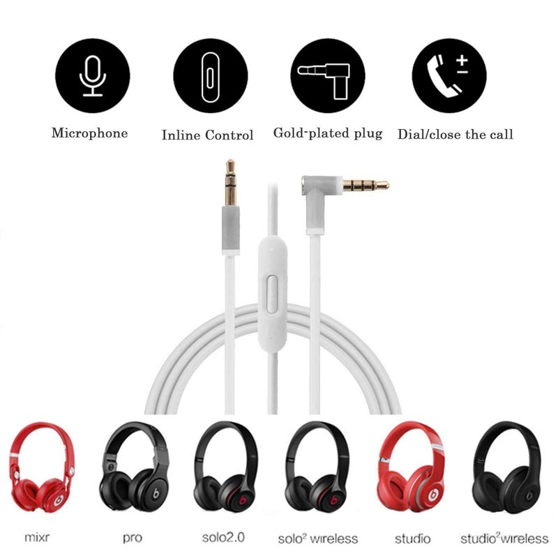 cipher Replacement Audio Cable Cord Wire,Compatible with Beats Headphones Studio Solo Pro Detox Mixr Executive Pill with in Line Mic and Control (White) - Image 5