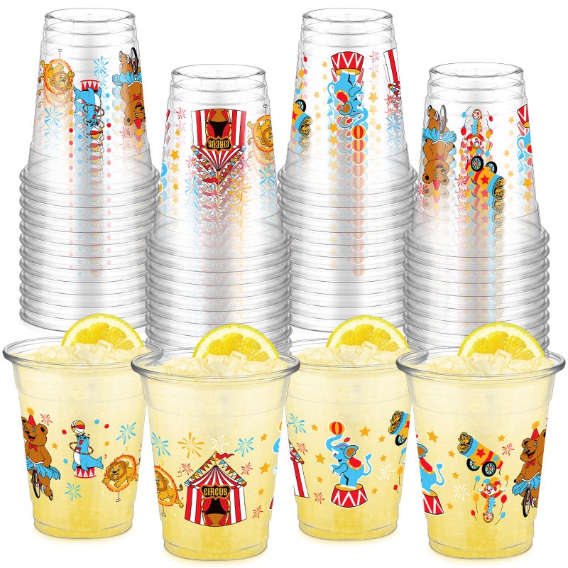 73Hours 50 Pcs Circus Cups 12 oz Plastic Circus Birthday Cups Clear Circus Disposable Cups Circus Theme Drinking Cups for Home Party Circus Theme Birthday Baby Shower Supplies Decoration (Circus) - Image 1