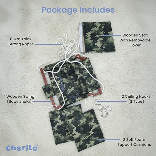 Cherilo Swing for Kids 1-5 Years | Indoor & Outdoor Wooden Jhula for Kids | Safe Comfortable Swing with Cushions & Safety Belt | Strong Durable Wooden Frame - Camouflage - Image 3