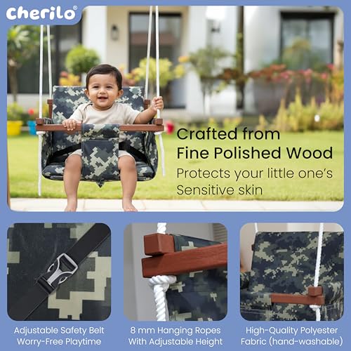 Cherilo Swing for Kids 1-5 Years | Indoor & Outdoor Wooden Jhula for Kids | Safe Comfortable Swing with Cushions & Safety Belt | Strong Durable Wooden Frame - Camouflage - Image 2