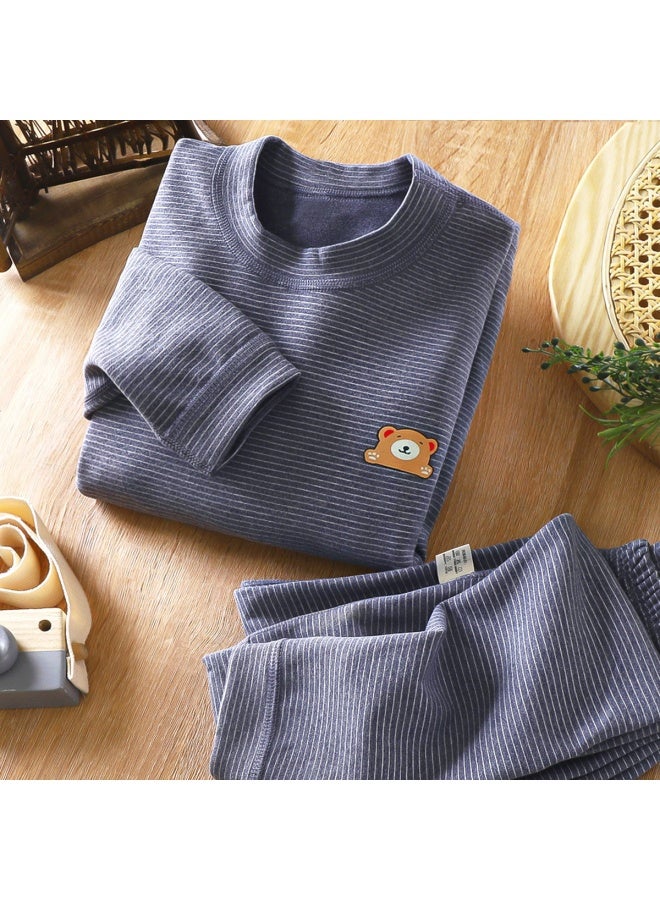 Children's Boneless Velvet Mid-high Collar  Clothes Long Pants Suit Men's And Women's Baby Striped Thickened Thermal Underwear Suit