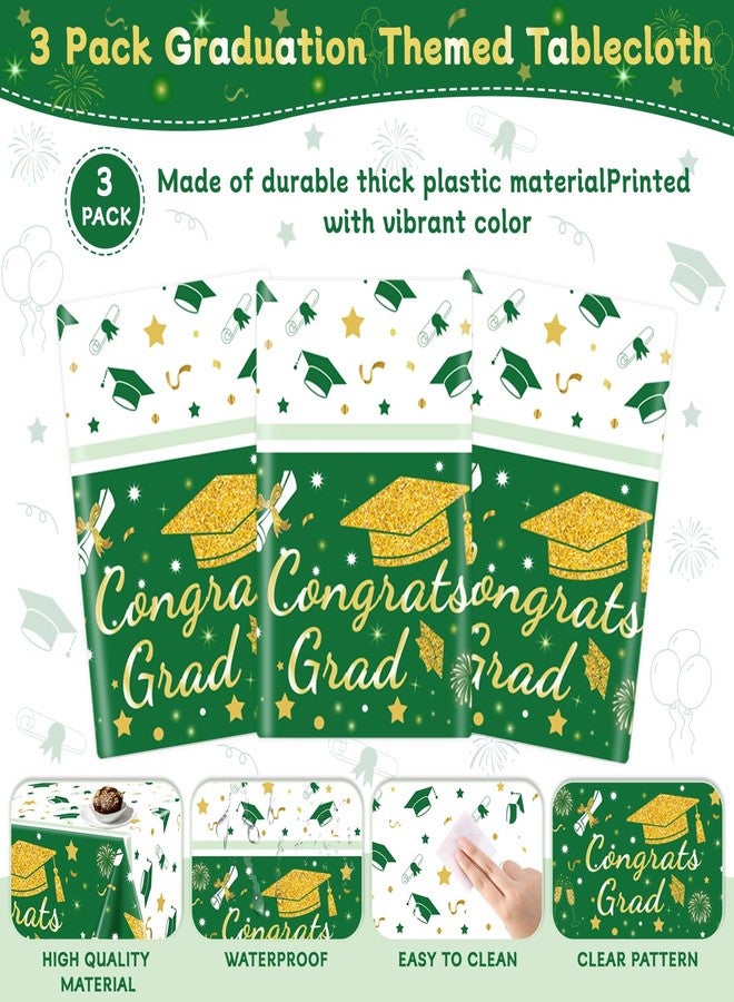 MEIDUO 2026 Graduation Tablecloth, 3-Pack - 54" x 108" Green and Gold Congrats Grad Disposable Plastic Table Covers for College/High School Class of 2026 Graduation Party Decorations Supplies. - Image 3
