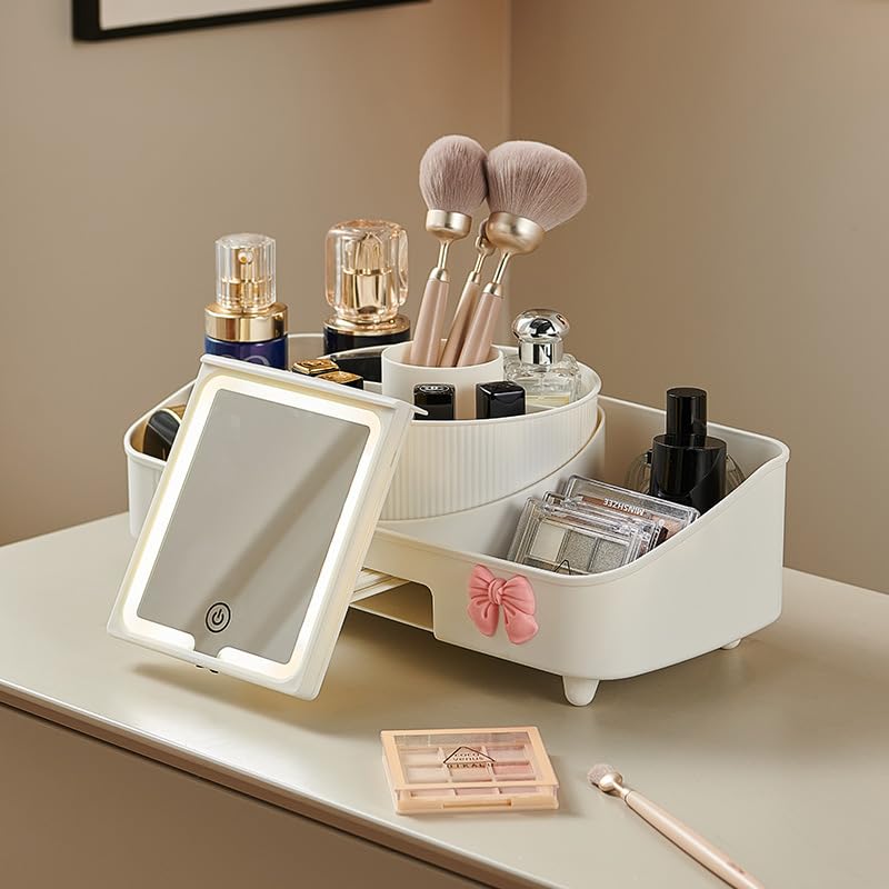 Furret Minimalist Elegant Cosmetic Display Case Desktop Makeup Organizer Box with Mirror Multifunctional Cosmetic Case for Cosmetic Brushes Lipsticks Powders White with Ivory Shade