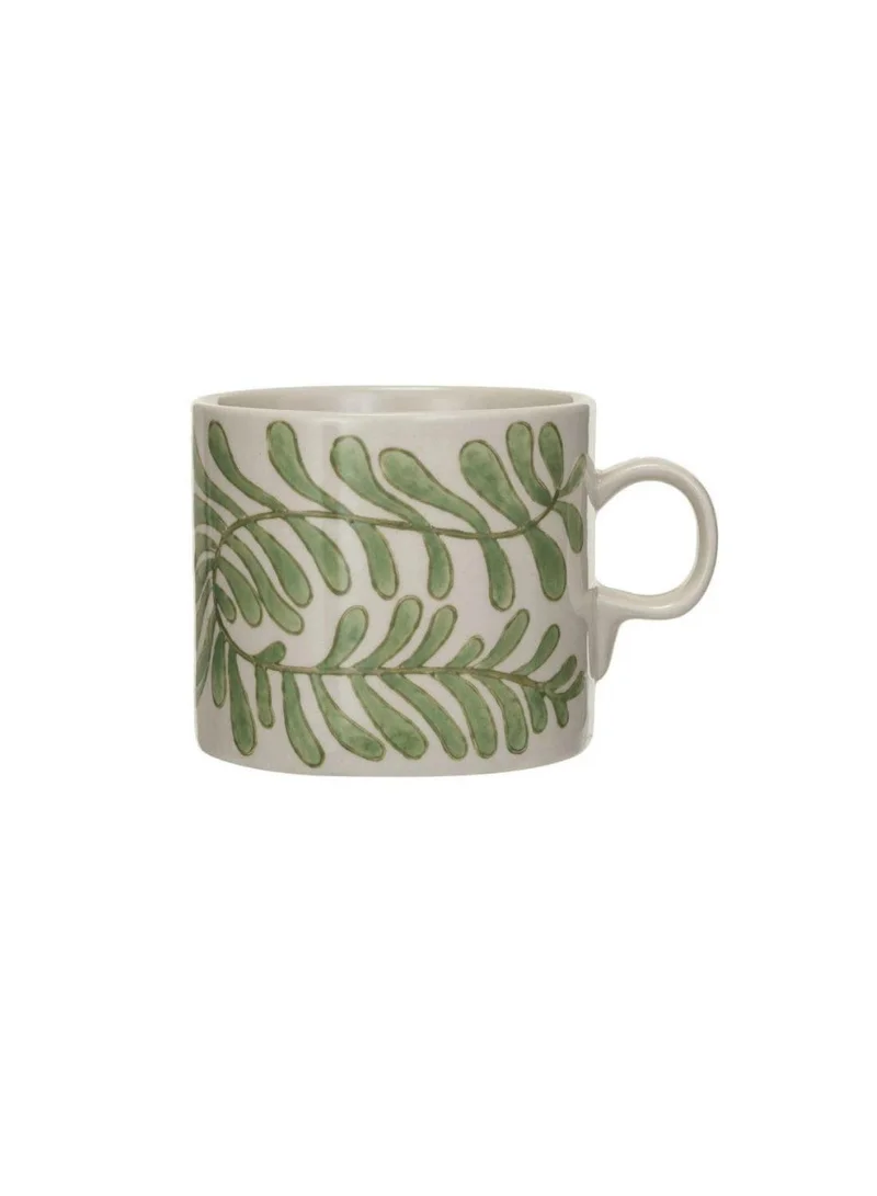 The Saffron Souk 14 oz. Hand-Painted Stoneware Mug with Abstract Design - Green