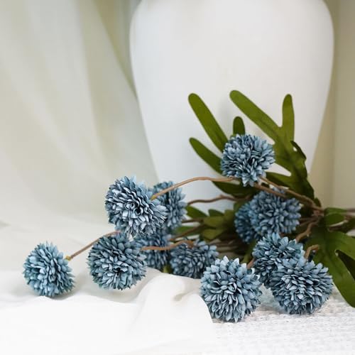 VOELIGT 12 Stems Faux Kiku Flower Faux Silk Mini Chrysanth with Stems Bulk Fake Wedding Filler Flowers Pompon Mum Artificial Dusty Blue Flowers Ball for Floral Arrangements - Image 5