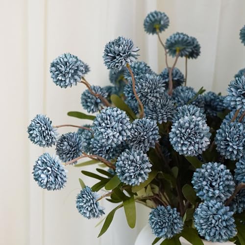VOELIGT 12 Stems Faux Kiku Flower Faux Silk Mini Chrysanth with Stems Bulk Fake Wedding Filler Flowers Pompon Mum Artificial Dusty Blue Flowers Ball for Floral Arrangements - Image 2