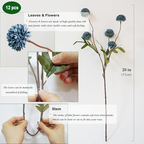 VOELIGT 12 Stems Faux Kiku Flower Faux Silk Mini Chrysanth with Stems Bulk Fake Wedding Filler Flowers Pompon Mum Artificial Dusty Blue Flowers Ball for Floral Arrangements - Image 3