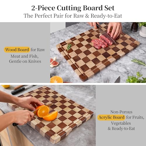 WILLKOMMEN Checkered Cutting Board and Acrylic Cutting Board Set, 2 PCS Cutting Boards for Kitchen, Checkerboard Solid Wood End Grain Chopping Board with Juice Groove & Acrylic Cooking Board with Counter Lip - Image 2