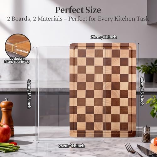 WILLKOMMEN Checkered Cutting Board and Acrylic Cutting Board Set, 2 PCS Cutting Boards for Kitchen, Checkerboard Solid Wood End Grain Chopping Board with Juice Groove & Acrylic Cooking Board with Counter Lip - Image 3