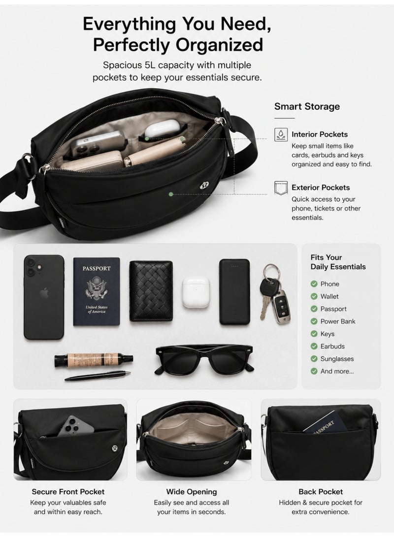 Lululemon Premium Water-Repellent Crossbody Sling Bag for Men & Women, 5L Lightweight Shoulder Bag with Adjustable Strap, Multiple Pockets, Recycled Fabric, Black - Image 4