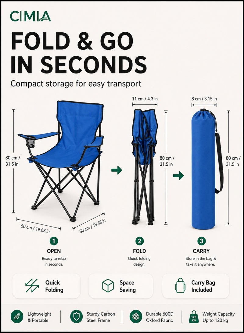 CIMIA Lightweight Folding Camping Chair With Cup Holder & Carry Bag, 50x50x80cm Portable Outdoor Chair For Beach Picnic Camping Garden Balcony, Blue, 120kg Capacity - Image 4
