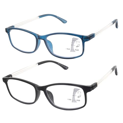 FEIVSN 2Pack Progressive Multifocus Reading Glasses Men Lightweight TR90 Frame No Line Mens Multifocal Trifocal Readers, Blue + Black, Blue Light Blocking Lens, +1.50 - Image 1