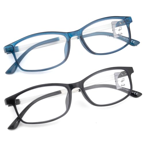 FEIVSN 2Pack Progressive Multifocus Reading Glasses Men Lightweight TR90 Frame No Line Mens Multifocal Trifocal Readers, Blue + Black, Blue Light Blocking Lens, +1.50 - Image 2