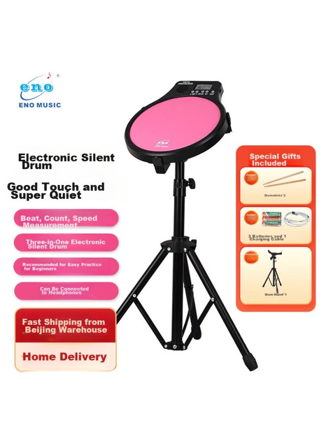 Eno 12-inch Silent Drum Pad, Drum Practice Pad, Metronome, Three-in Musical Instrument, Pink Set - Image 1