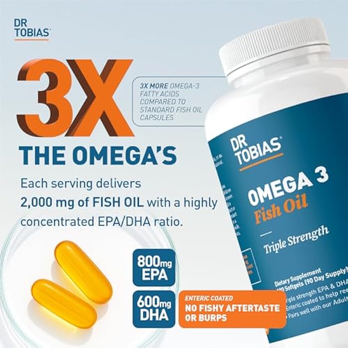 Dr. Tobias Omega 3 Fish Oil, 2000mg Triple Strength with 800mg EPA 600mg DHA Per Serving, Fish Oil Omega 3 Supplements for Heart, Brain & Immune Support, 180 Softgels, 90 Servings - Image 2