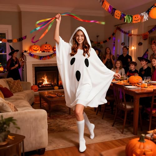 JEGERMIG Halloween White Ghost Poncho with Hood Funny Costume for Adults - Image 5