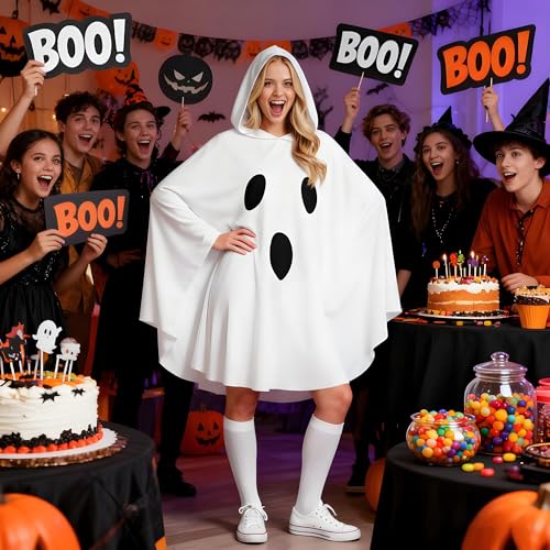 JEGERMIG Halloween White Ghost Poncho with Hood Funny Costume for Adults - Image 4