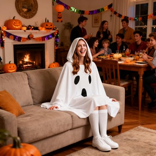 JEGERMIG Halloween White Ghost Poncho with Hood Funny Costume for Adults - Image 3