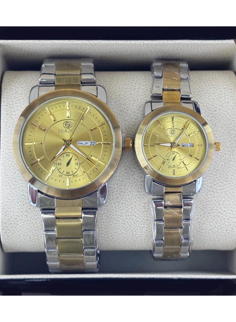 شادو طقم ساعات زوجية شادو فاخرة - وظيفة اليوم والتاريخ (عربي / إنجليزي) - تصميم متعدد الموانئ - Image 1