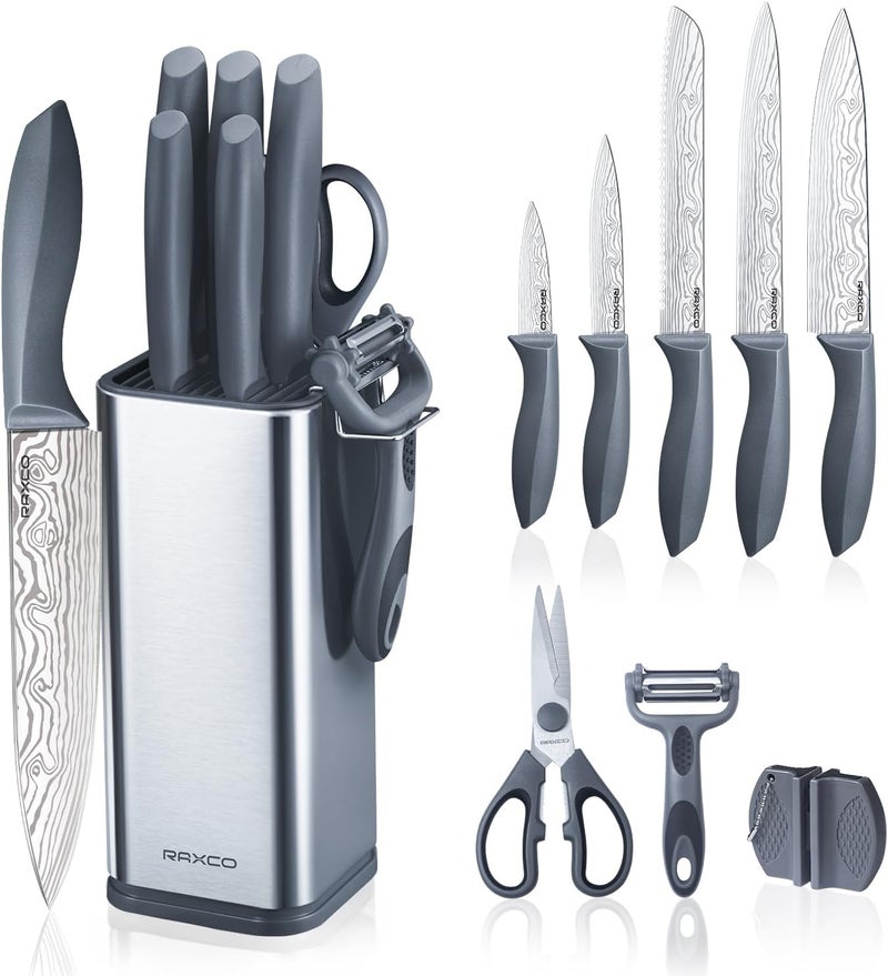 RAXCO Kitchen Knife Set,10-Piece Stainless Steel Knife Set with Block,Gray | Pro-Sharpened Kitchen Knives,Space-saving Compact Organizer for Small Kitchen,RV,Apartment and Dorm - Image 1