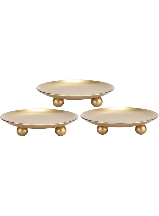 3 Pcs Iron Plate Candle Holder, Gold, Decorative Iron Pillar Candle Holder, Candle Stand for Wax Candles, Candle Saucer Plate for LED & Wax Candles, Party