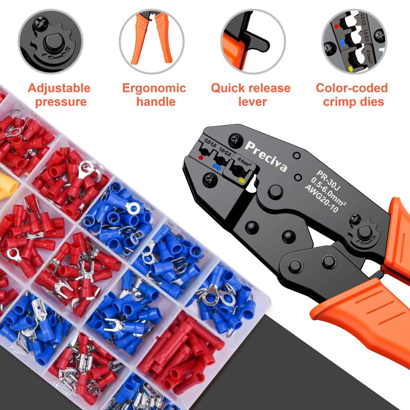 Preciva Wire Terminals Crimping Tool Kit, Preciva AWG20-10/0.5-6mmÂ²Insulated Ratcheting Crimper Tool with 350PCS Insulated Wire Connectors - Image 3