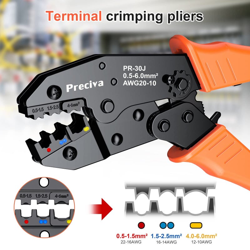 Preciva Wire Terminals Crimping Tool Kit, Preciva AWG20-10/0.5-6mmÂ²Insulated Ratcheting Crimper Tool with 350PCS Insulated Wire Connectors - Image 2