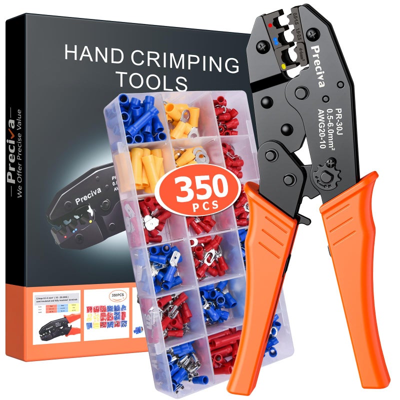 Preciva Wire Terminals Crimping Tool Kit, Preciva AWG20-10/0.5-6mmÂ²Insulated Ratcheting Crimper Tool with 350PCS Insulated Wire Connectors - Image 1