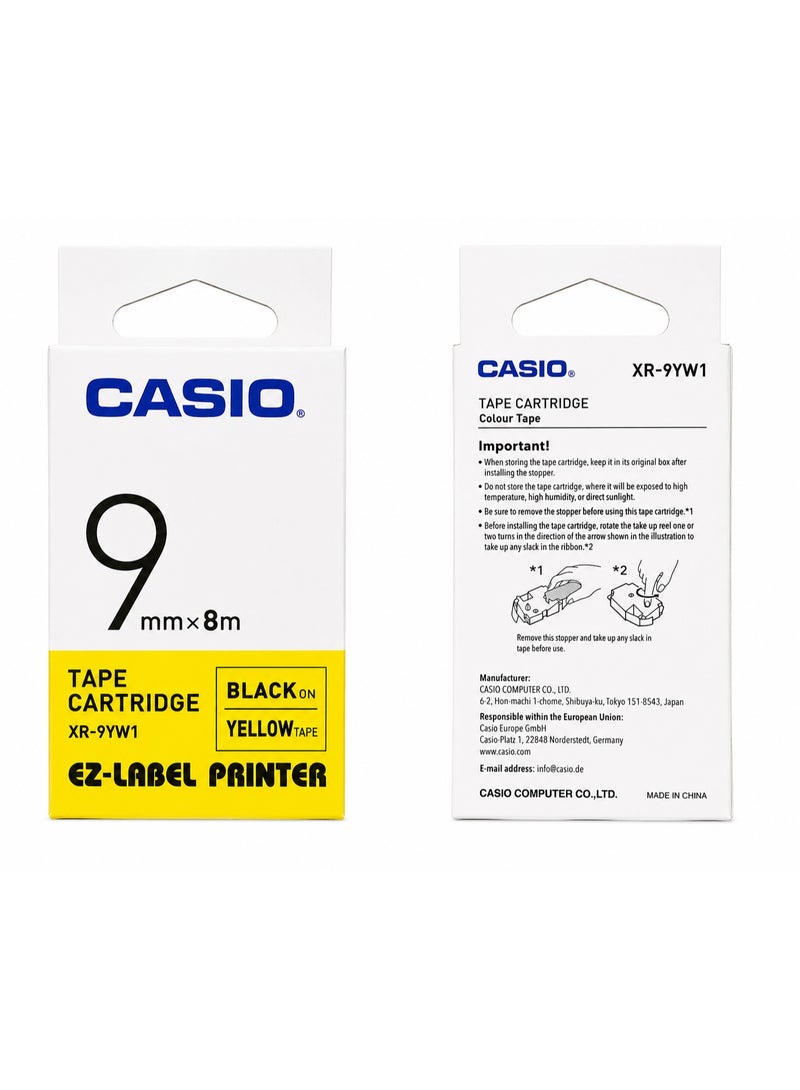 Casio XR-9YW1 Tape Cartridge, Black on Yellow, 9mm x 8m - Image 1